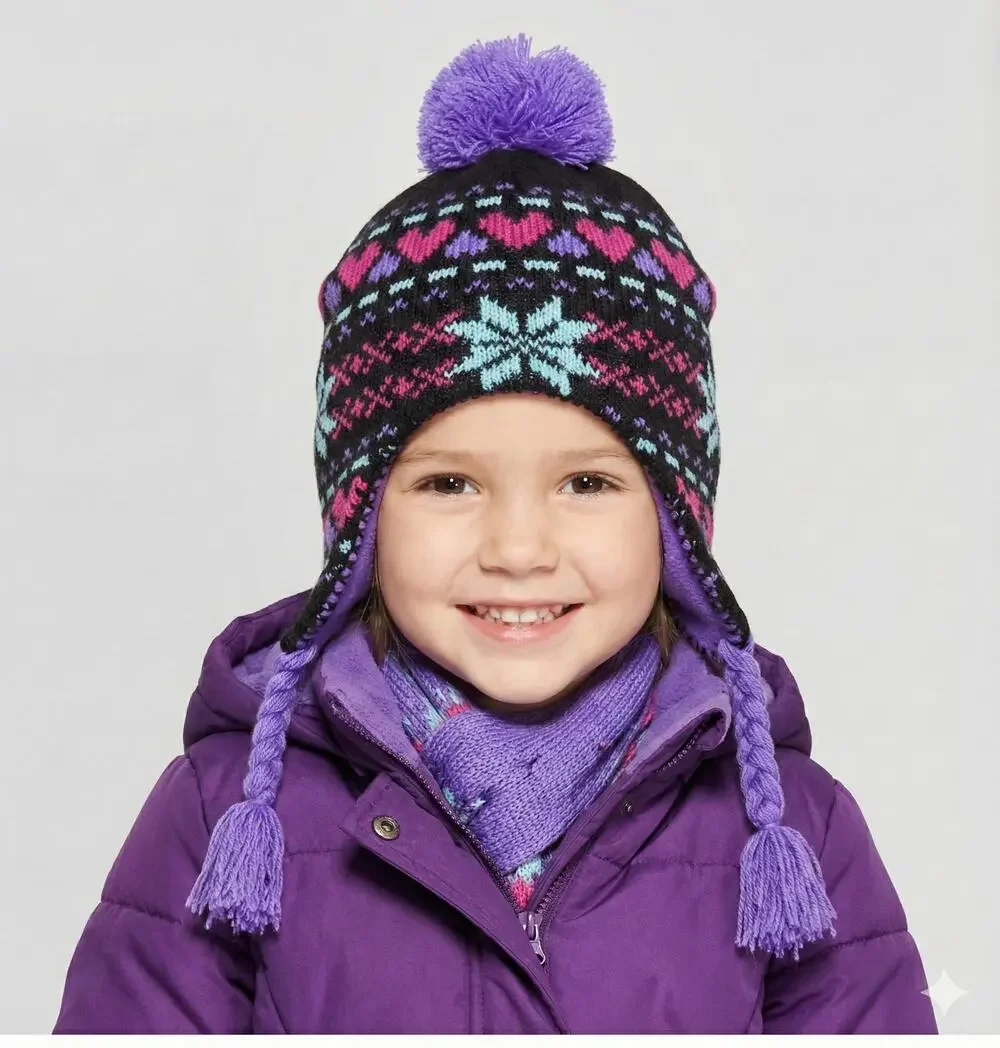 Girls Youth Trapper Hat Black Pink Hearts Snowflake Purple Braided Strap Pom Pom